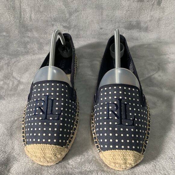 Lauren Ralph Lauren Womens Shoes Sz 9B Navy Polka Dot Destini Canvas Espadrille - Picture 1 of 16